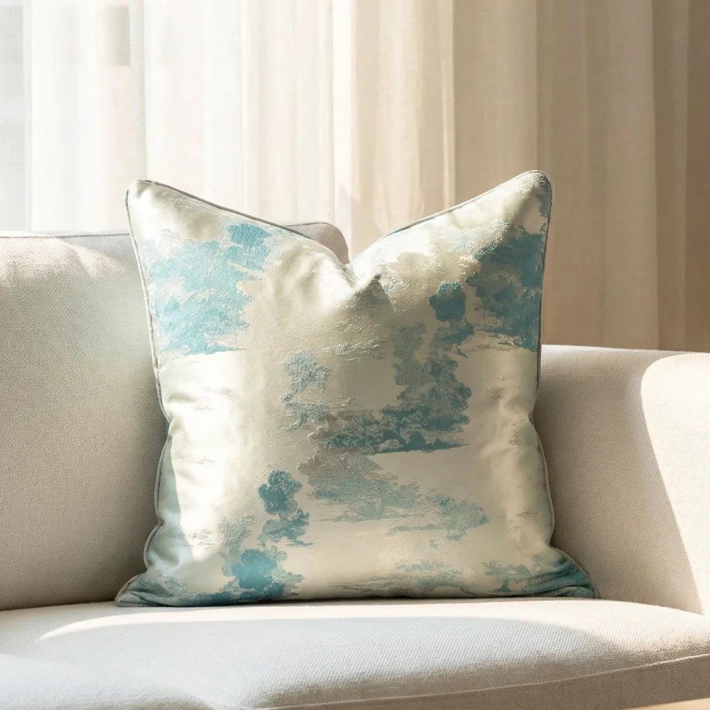 coussin carré jacquard géométrique contemporain beige gris bleu doré polyester 45x45cm
