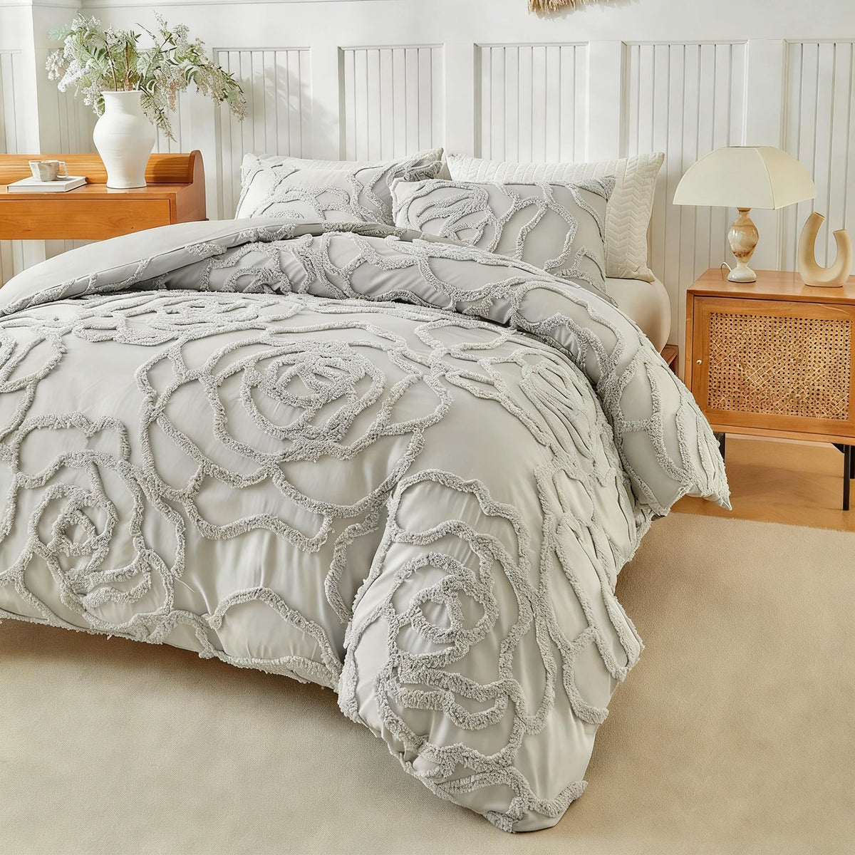 housse couette taies d'oreiller 3pc rose brodée franges classique lit king size polyester Jacquard