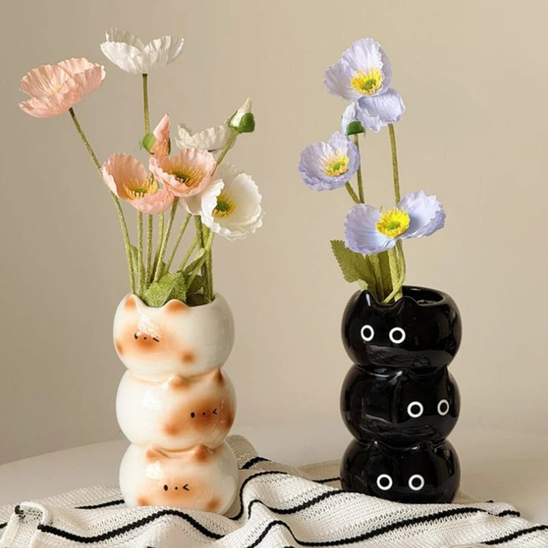 vase céramique blanc noir chaton taches marron décoratif animalier fleurs artificielles salon chambre