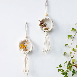 décoration murale boho macramé blanc vase fleurs séchées tressage naturel rustique minimaliste suspension bois