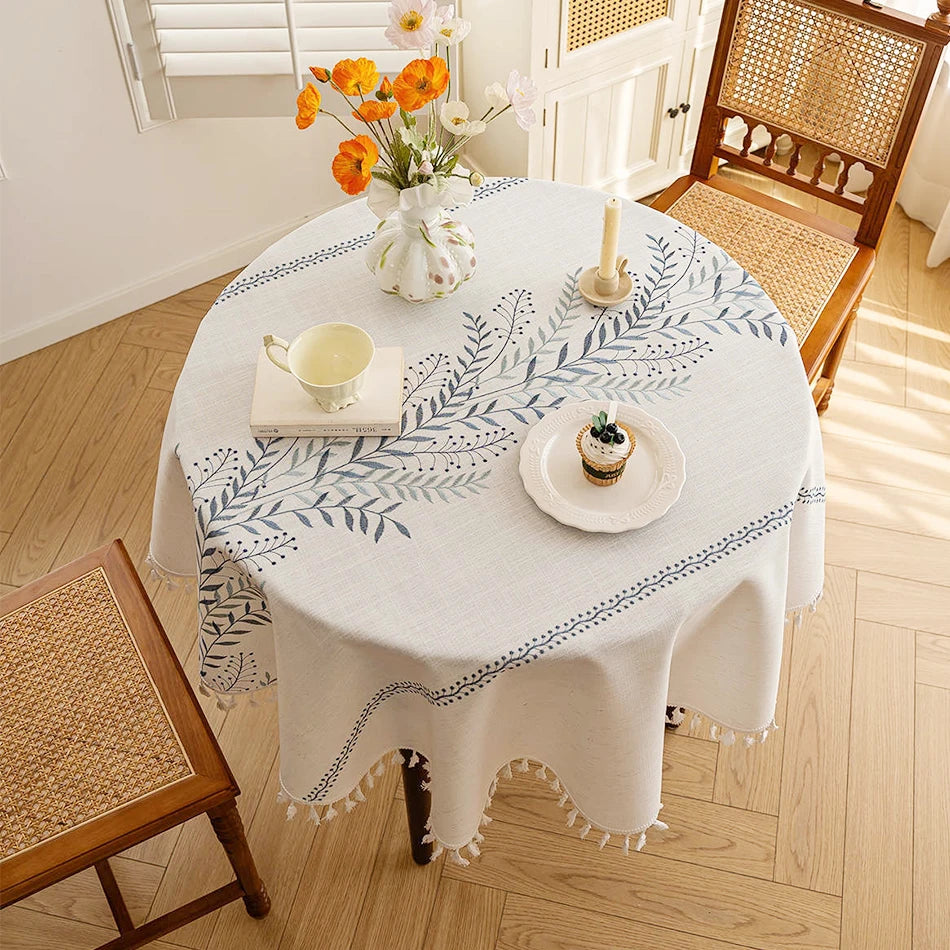 nappe table lin broderie végétale feuilles branches tassellettes classique beigeclair réutilisable machineextérieurhôtelmarriages