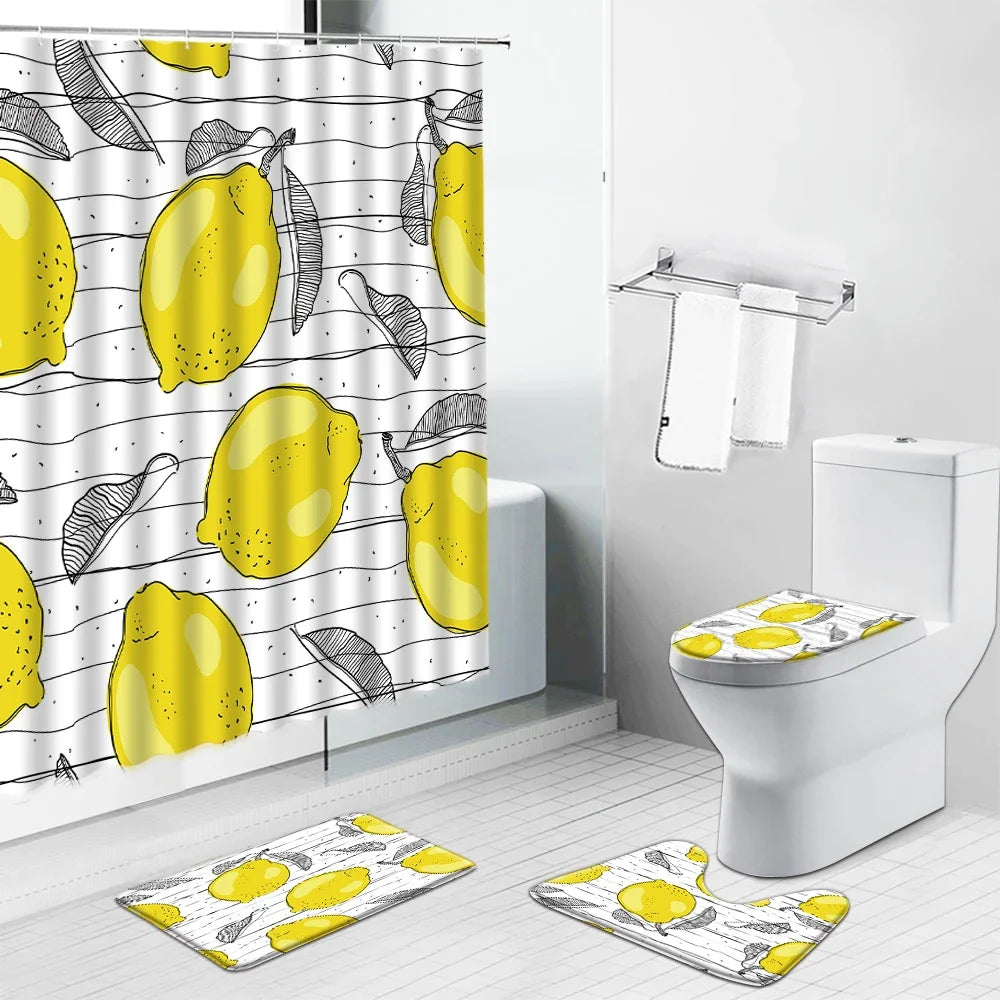 Ensemble de décoration pour salle de bain au motif de citron, comprenant un rideau de douche et des tapis assortis. Design vibrant et moderne, idéal pour ajouter une touche de fraîcheur et de couleur à votre espace. Parfait pour ceux qui cherchent à égayer leur salle de bain avec un thème fruité et original. Motifs de citrons jaunes contrastant avec un fond blanc à rayures noires, créant une ambiance estivale et accueillante.