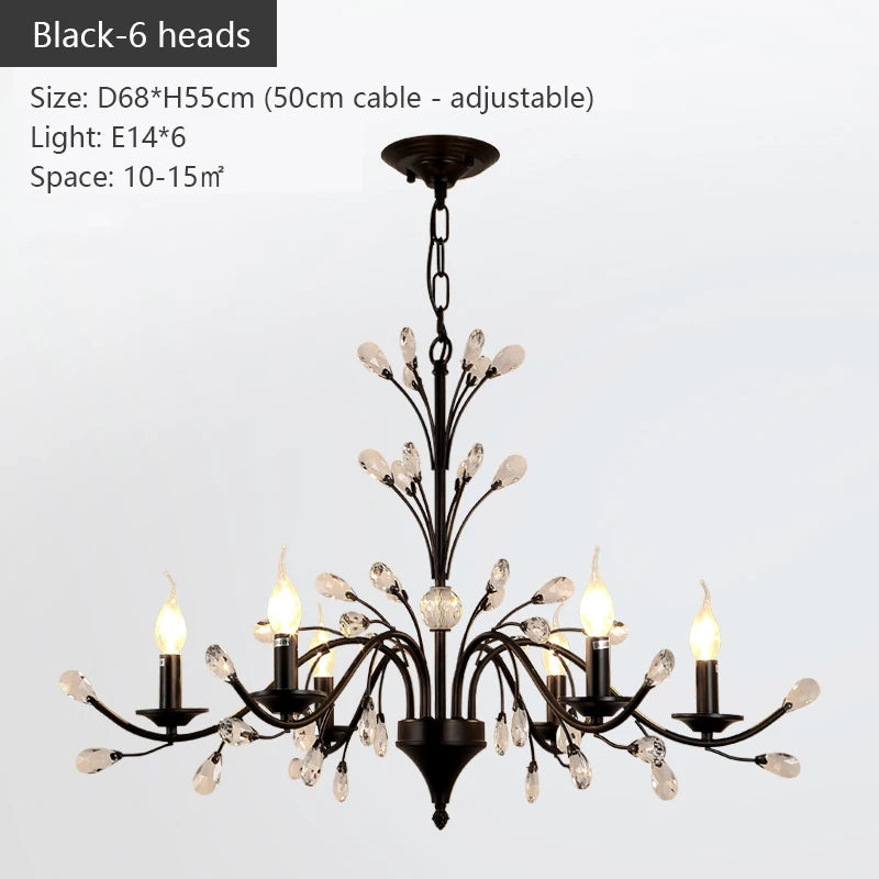 lustre led noir branches cristal contemporain élégant suspendu salon chambre