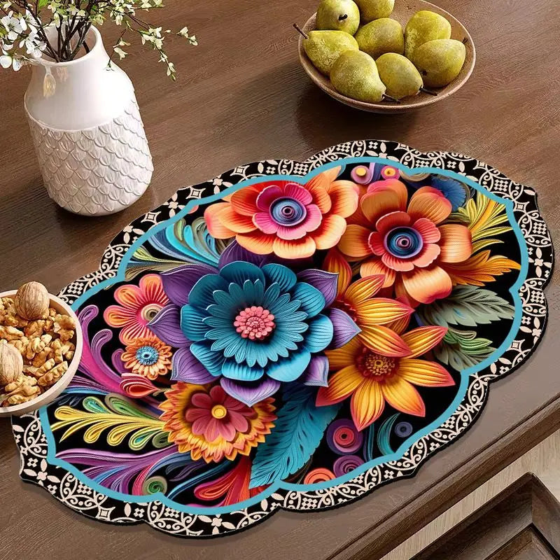 tapis table classique floral couleur bleu foncé rouge orange blanc vert beige