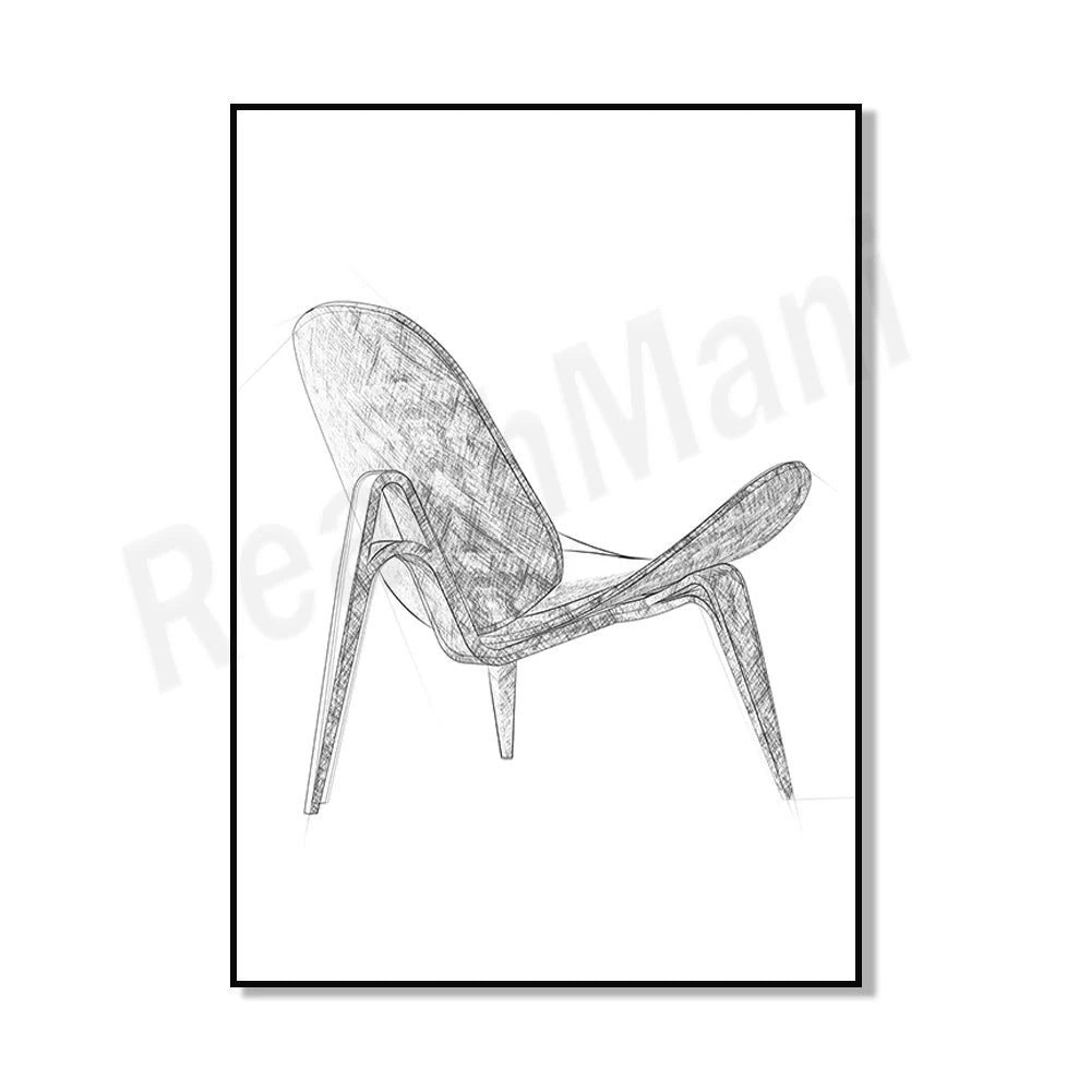 Dessin en noir et blanc d'une chaise au design moderne et épuré.