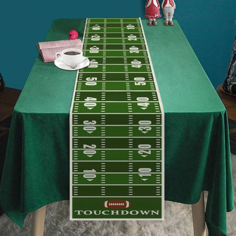 nappe longue table football américain motif distances vert blanc rouge decoration sportive