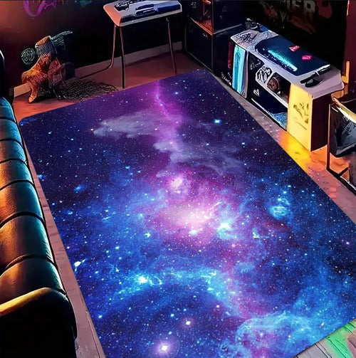 tapis salon chambre moderne motif galaxie étoiles nébuleuse violet bleu rose décoratif grand