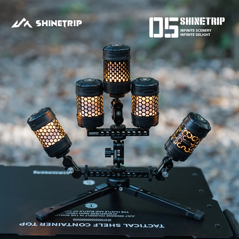 support lampe camping aluminium noir motifs hexagonaux réglable vis fixation moderne fonctionnel
