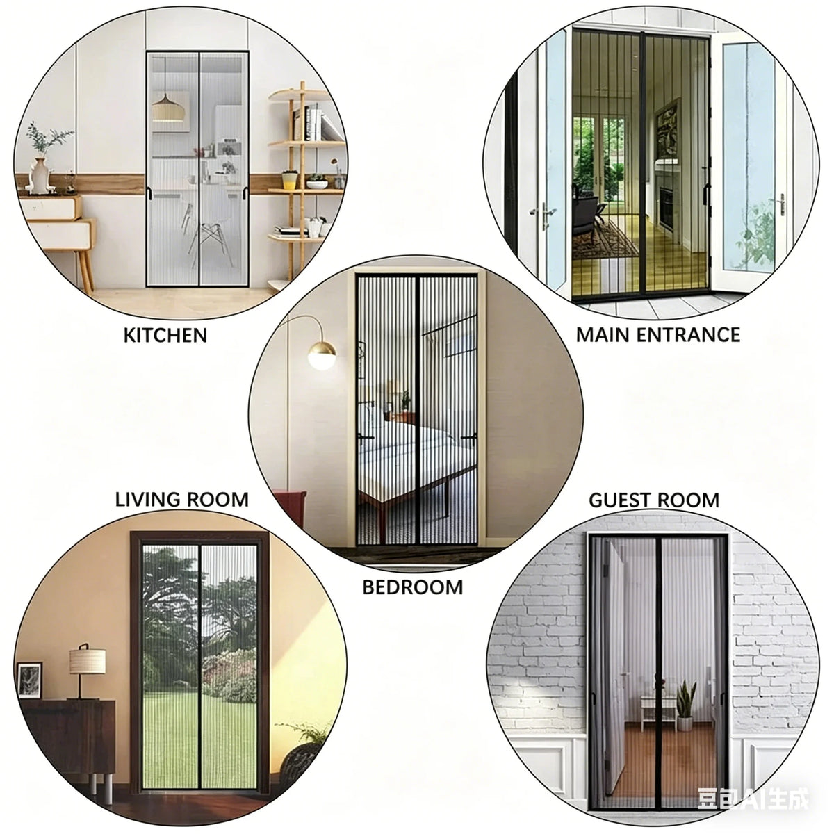 rideau porte magnétique anti insectes maille fine gris clair noir moderne clips adhésif fixe