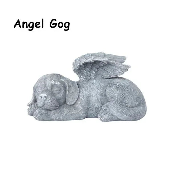 statue ange resine chien chat ailes plumes decoration exterieur gris clair commémoration animal décédé