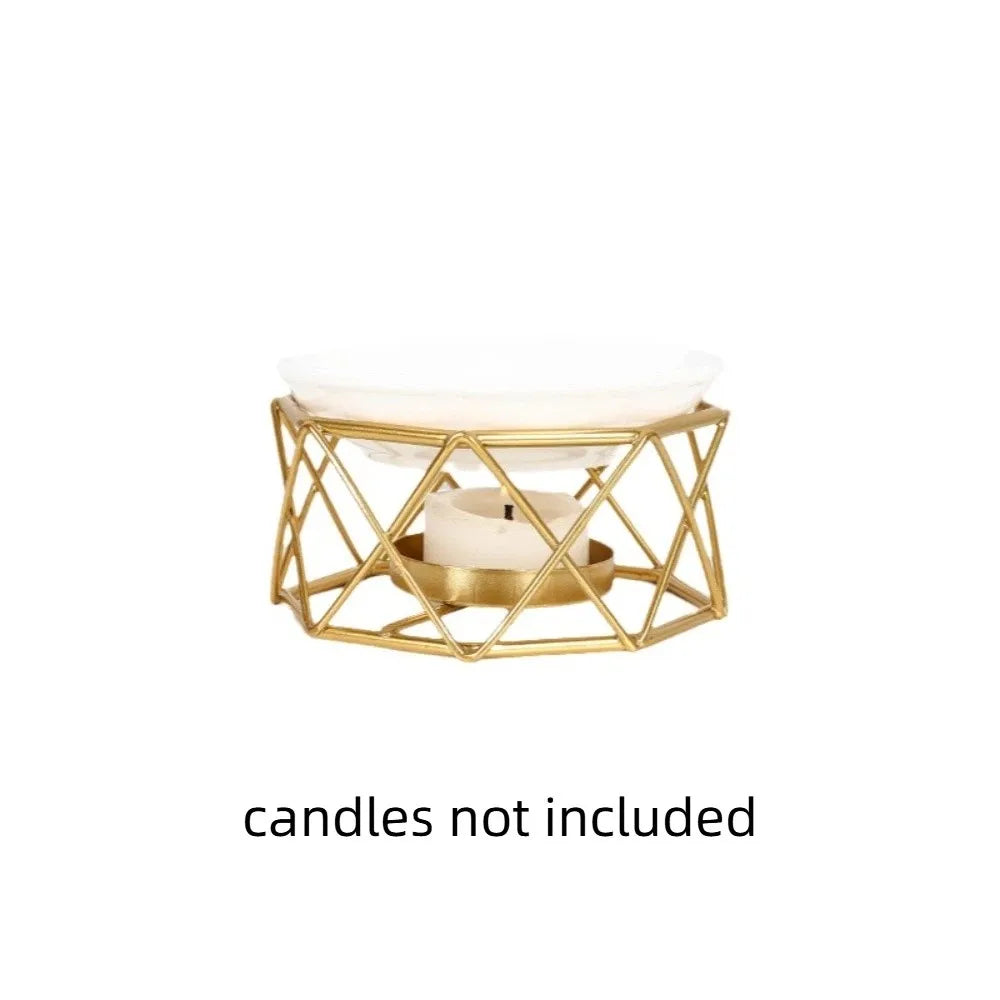 bougeoir moderne transparent blanc doré noir aromathérapie support métallique rond chauffe bougie bien être
