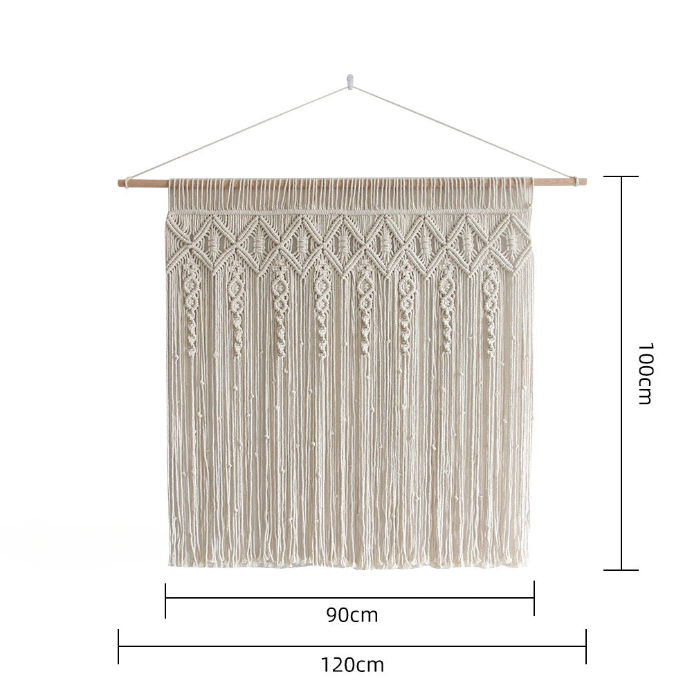 tapisserie macramé géométrique franges bohème décoration murale øllets beige clair