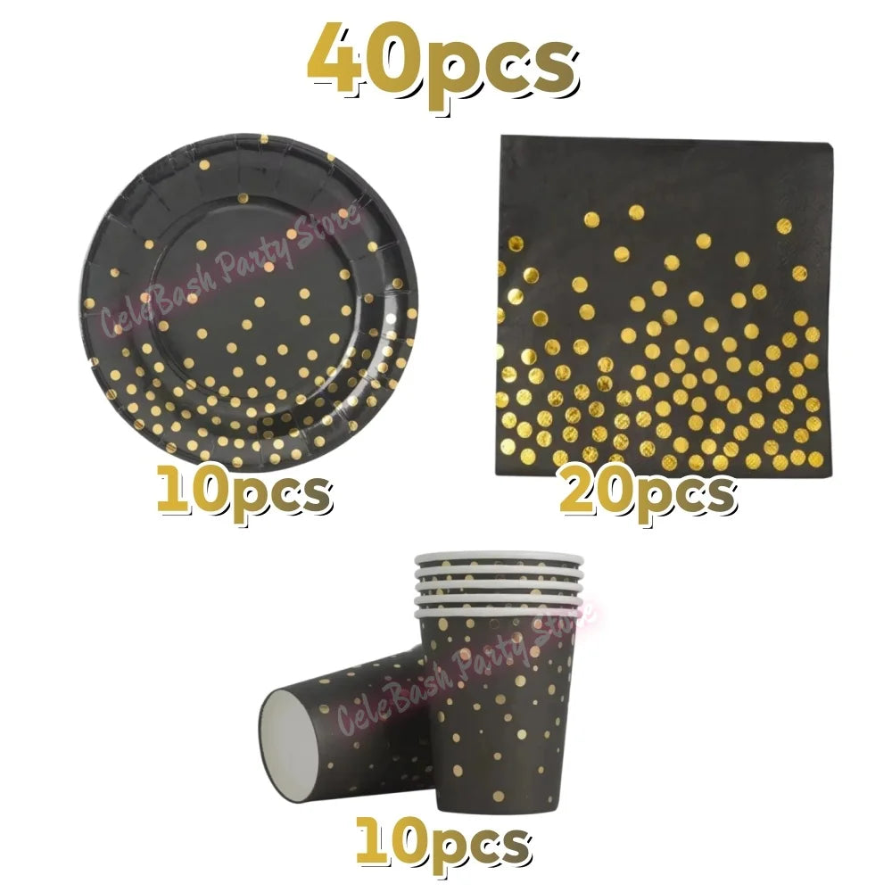 assiettes pois dorés noires gobelets serviettes tablecloth fête anniversaire mariage nouveauannée