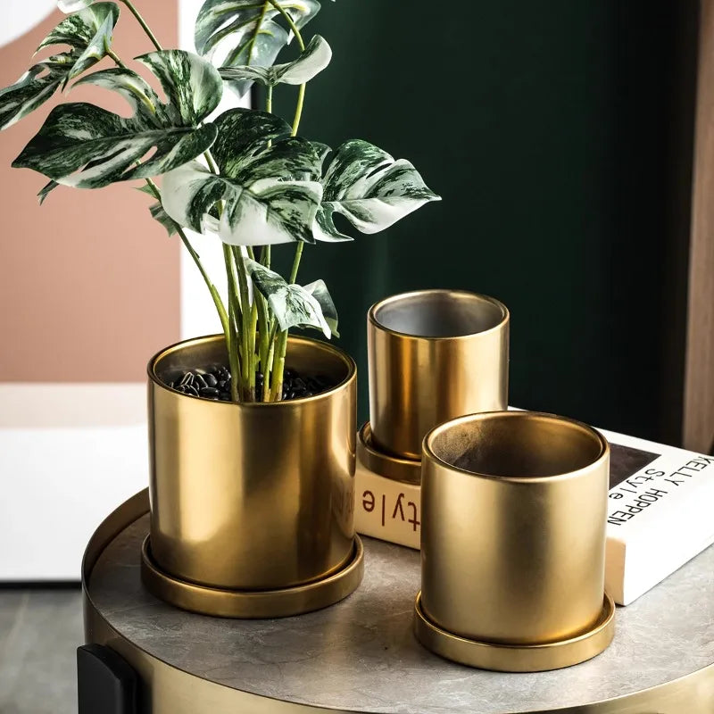 Cache pot ceramique doré moderne pour plantes vertes salon