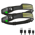 lampe frontale rechargeable noir jaune rayures horizontales boucle ajustable camping pêche