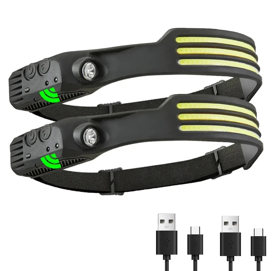 lampe frontale rechargeable noir jaune rayures horizontales boucle ajustable camping pêche
