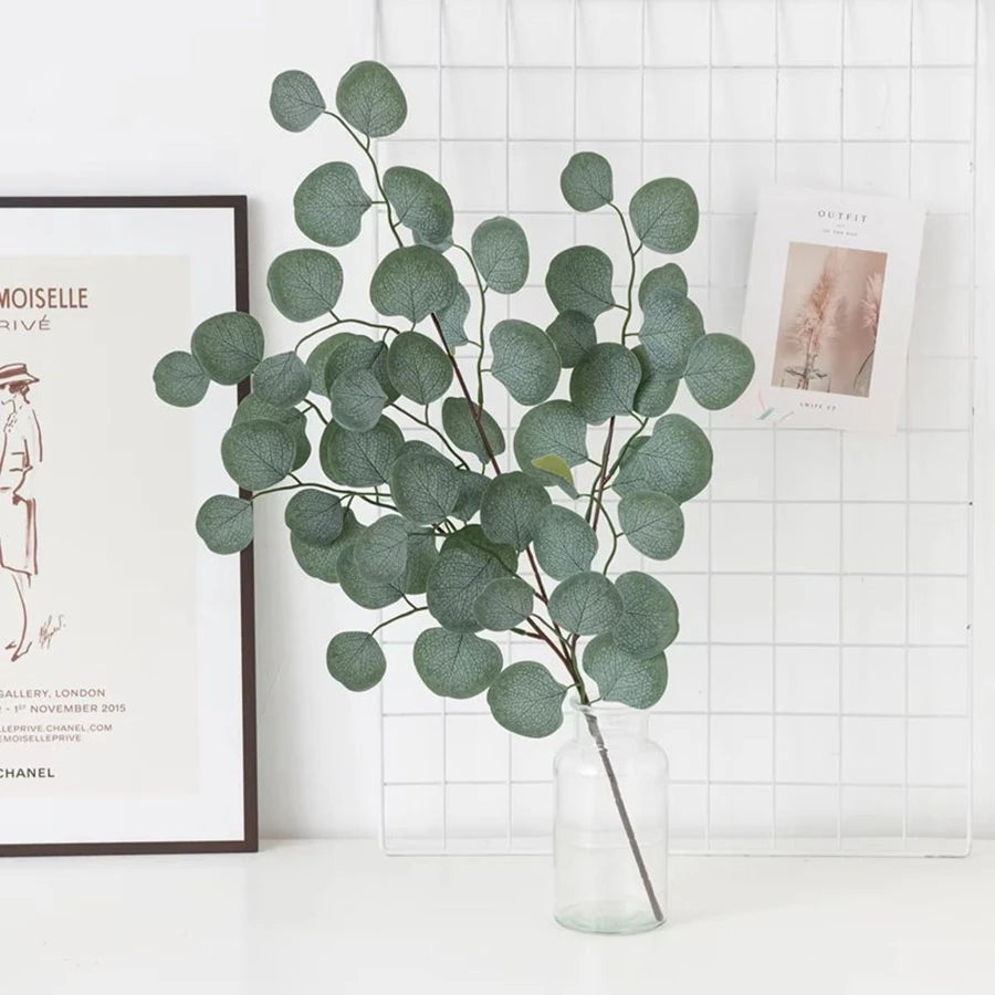feuilles eucalyptus artificielles branche verte minimaliste nature deco intérieur extérieur soie rondes lisses