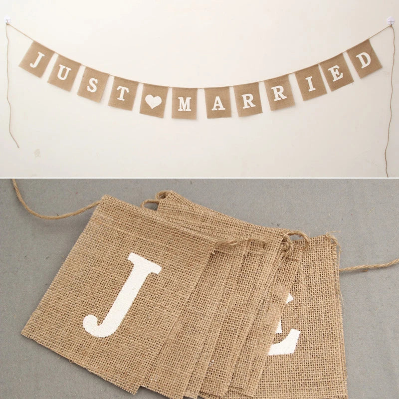 guirlande bannières toile jute rustique lettres JUST MARRIED coeur blanc anniversaire mariage noel nouvel