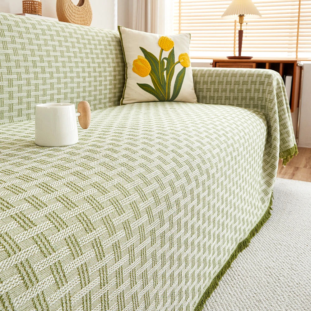 couverture géométrique moderne vert clair blanc polyester coton usage intérieur extérieur multisaison pique nique