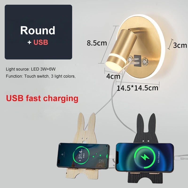 Lampes murales LED modernes prise USB éclairage ambiant noir blanc doré