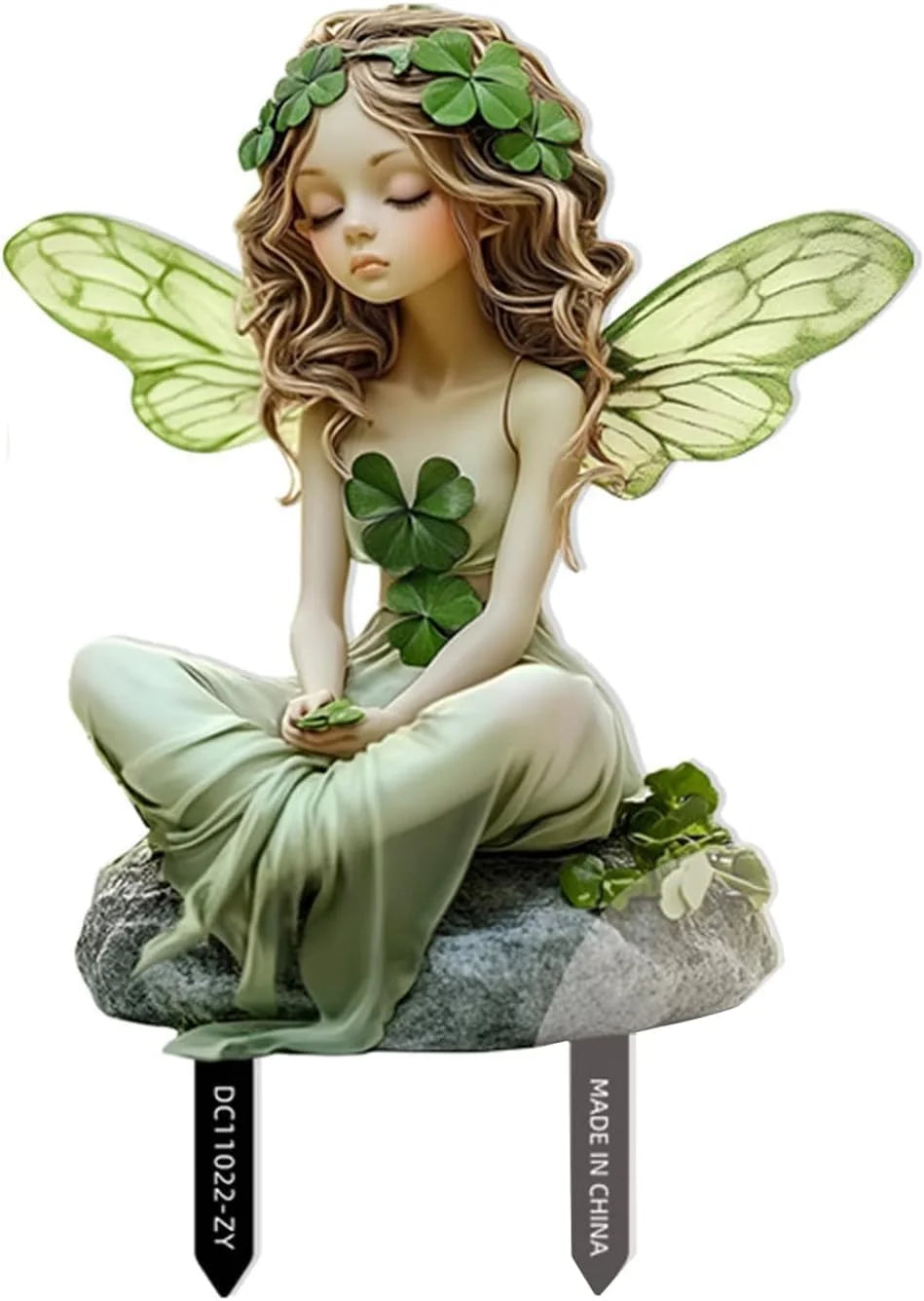 statue fée jardin vert clair trèfle ailes veinées fantaisie natureextérieurintérieurDecorationJardinFéeSculptee