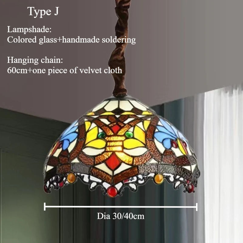lampe suspendue tiffany multicolore art nouveau vintage motifs floraux chaîne métallique
