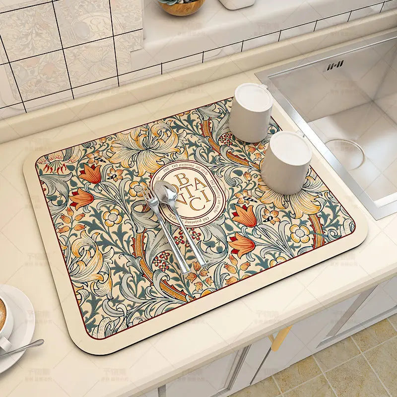 tapis cuisine absorbant séchage rapide diatomées fleurs motif floral opacité beige jaune vert rouge
