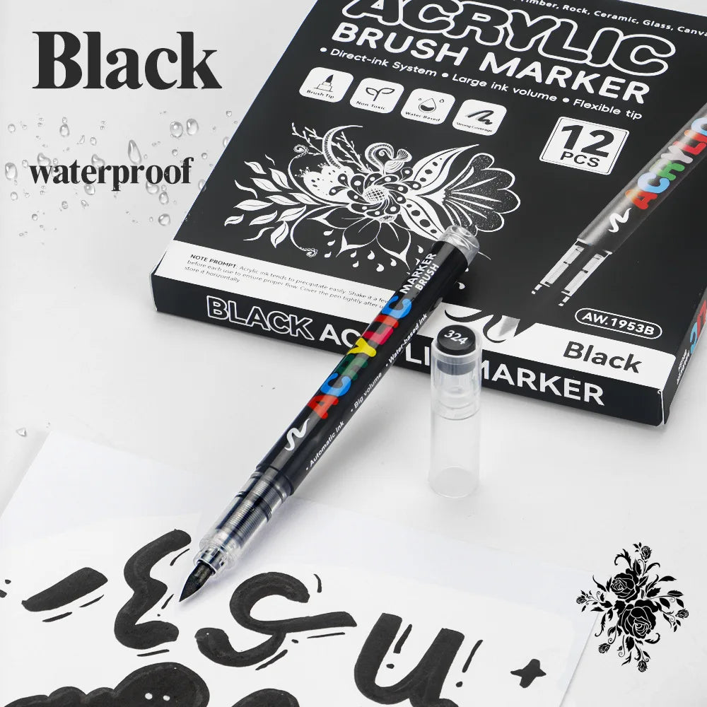 stylos marqueurs acrylique noir blanc floral brush ensemble 12 stylos boîte rangement