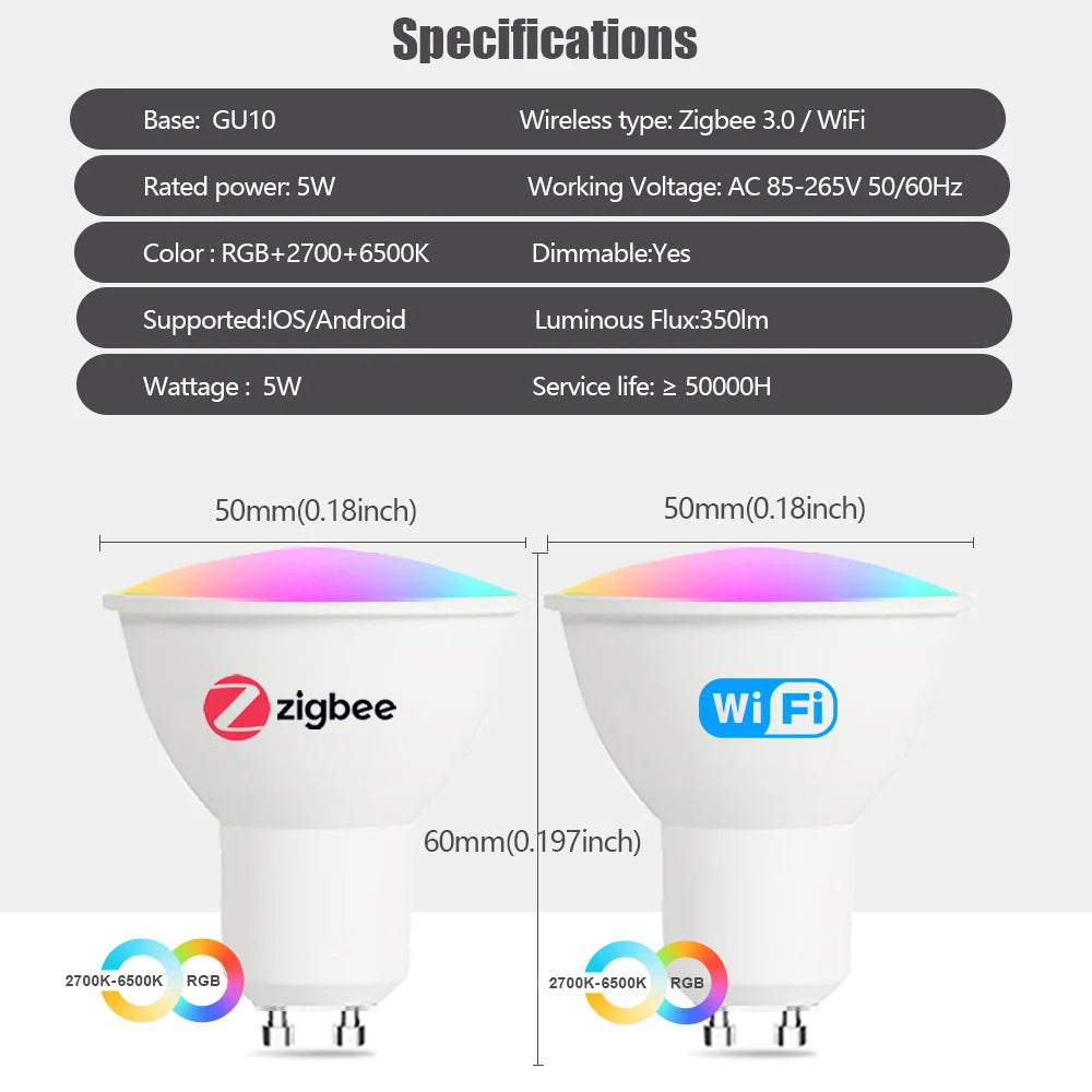 ampoules led intelligentes gu10 rgb blanc modernes controle zigbee app mobile 5w 249 2000lm
