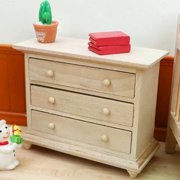 commode miniature bois naturel trois tiroirs étagère ouverte rustique chambre poupée