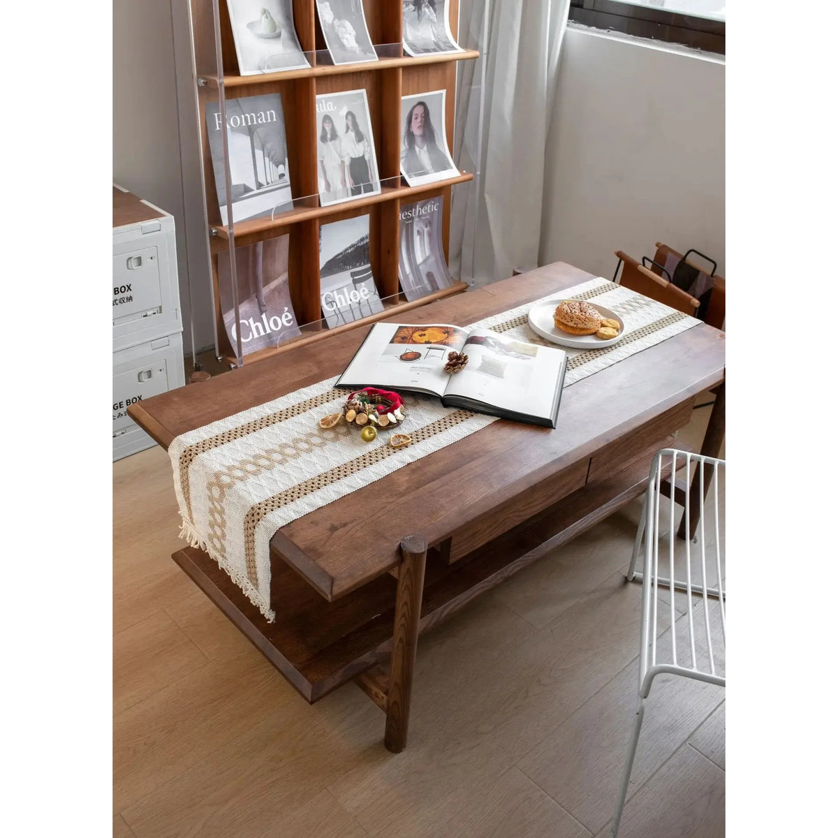 chemin table rustique motif géométrique pompons colorés tissage coton polyester farmhouse decoration