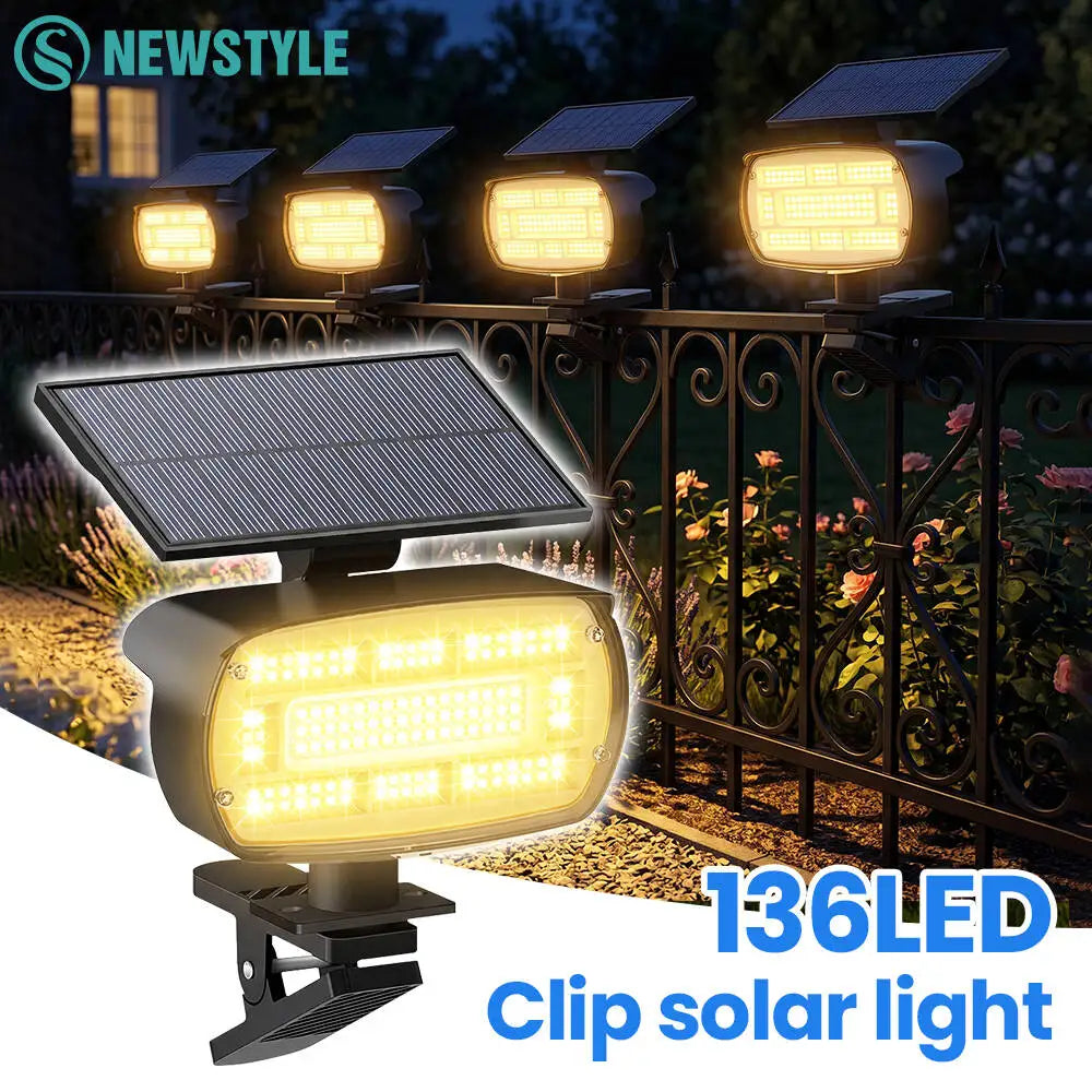 projecteur solaire led clippon 136led 48led ip65 moderne extérieur jardin clôture campingurgence