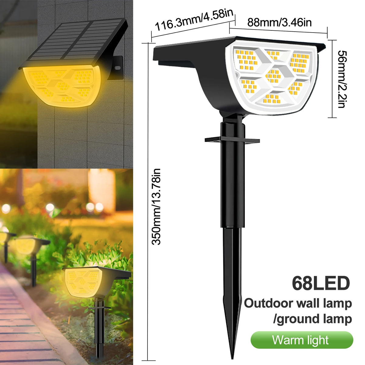 lumière solaire 68 led noire ip65 abs moderne batterie rechargeableextérieur contemporain tringle fixe