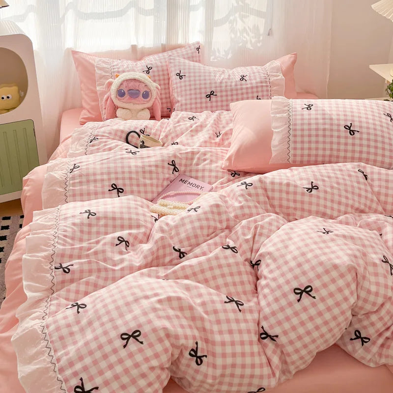 ensemble literie rose gingham nœuds frangés doux girly enfant taies oreiller couverture