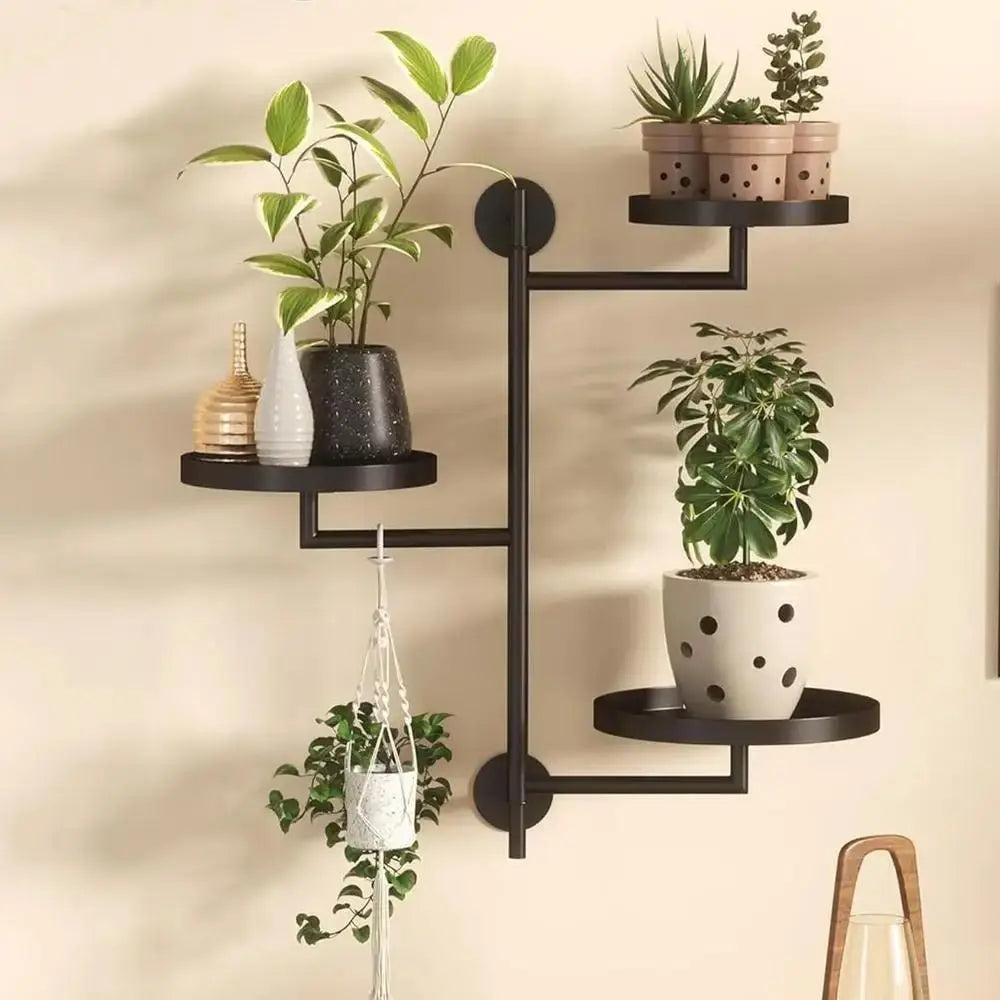 étagère murale industrielle rotative trois niveaux noir mat fixations plantes décoration intérieure minimaliste