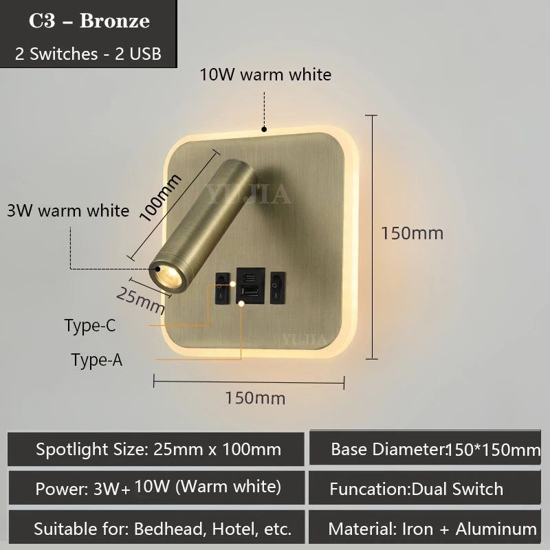 lampe murale multifonctionnelle moderne rechargeable usb noir blanc bronze laiton