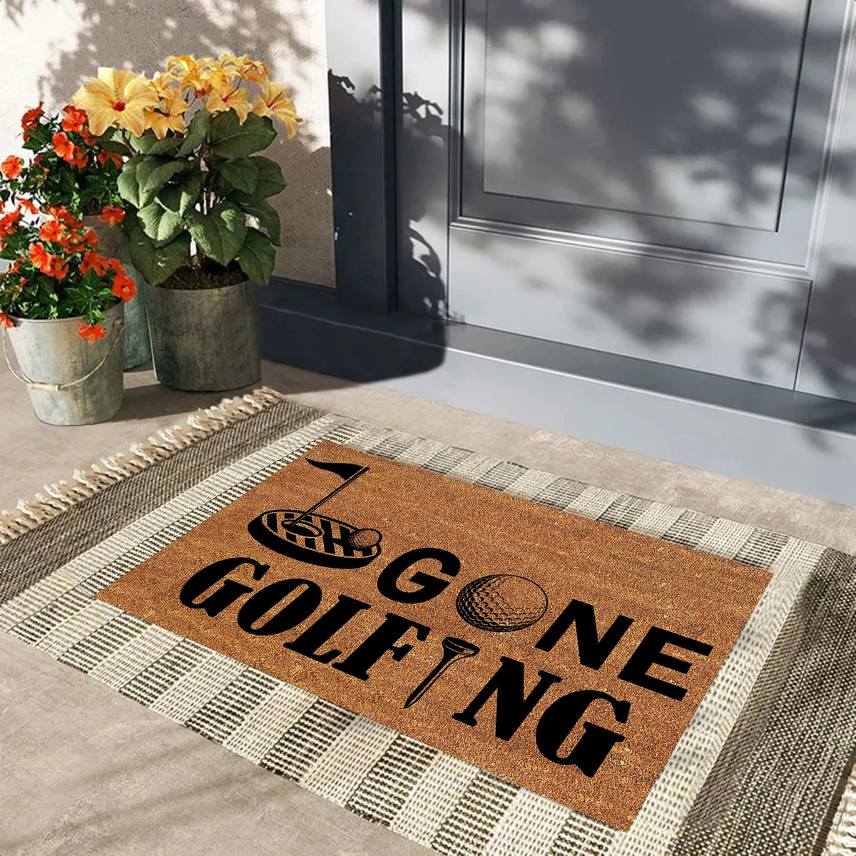 tapis d'entrée marron clair imprimé éléments golf antidérapant résistant bactéries moderne extérieur sol porte