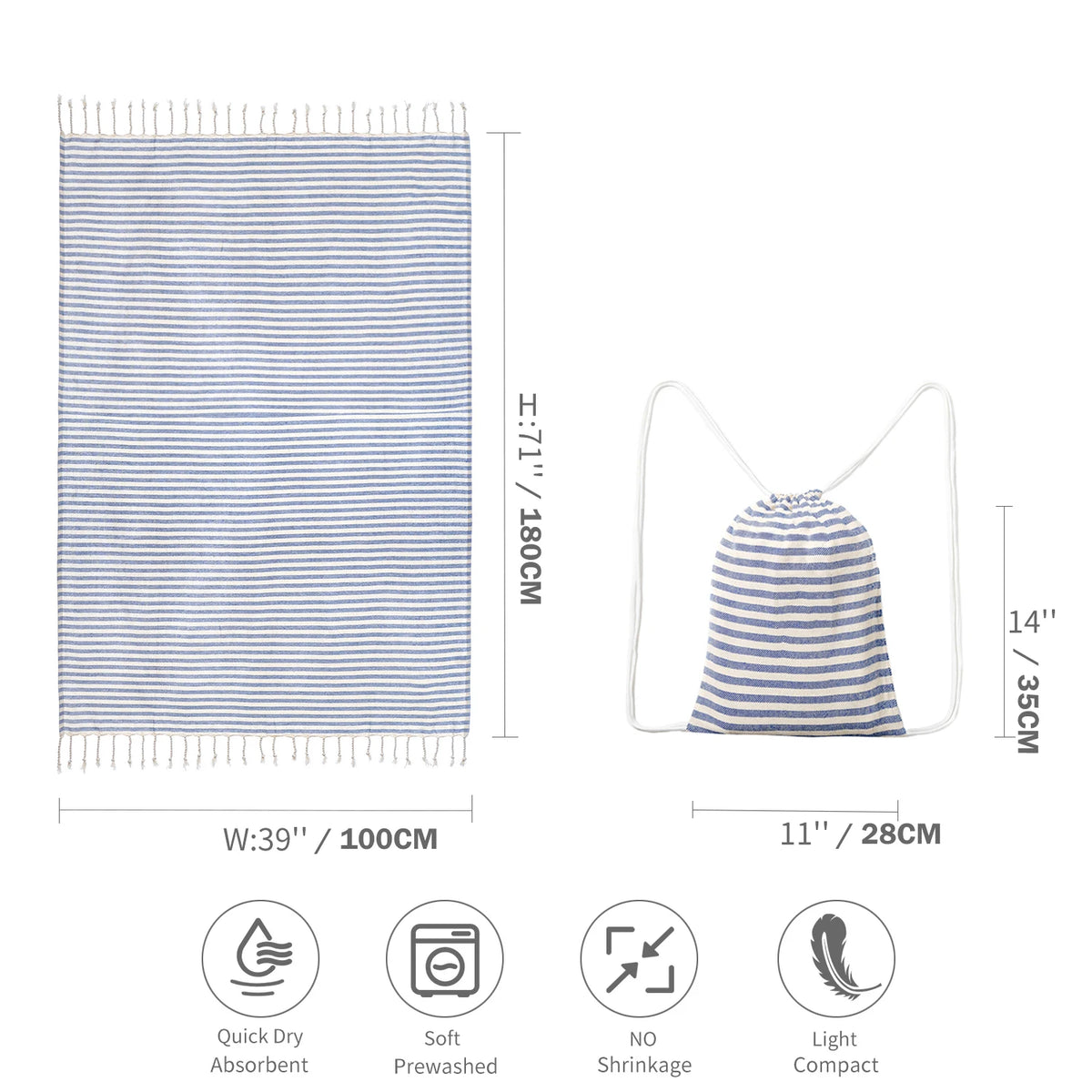 serviette plage rayée bleu marine sac dos coton polyester absorbant casual sportif