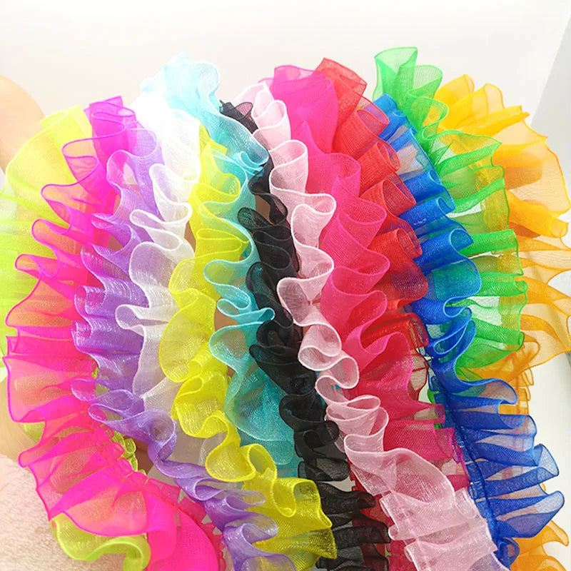 ruban plissé polyester nylon largeur 25mm dentelle organza écologique élastique soluble eau bleu rose