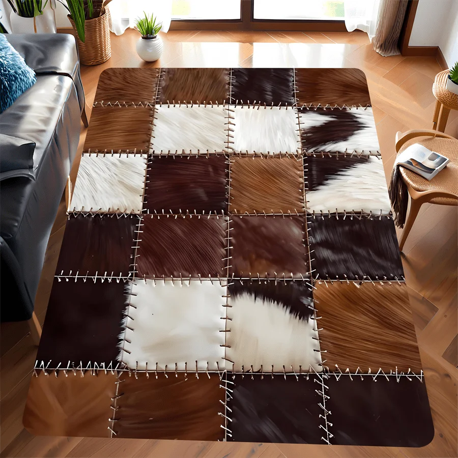 tapis marron blanc patchwork imitation cuir antidérapant moderne rustique intérieur cuisine salle bain