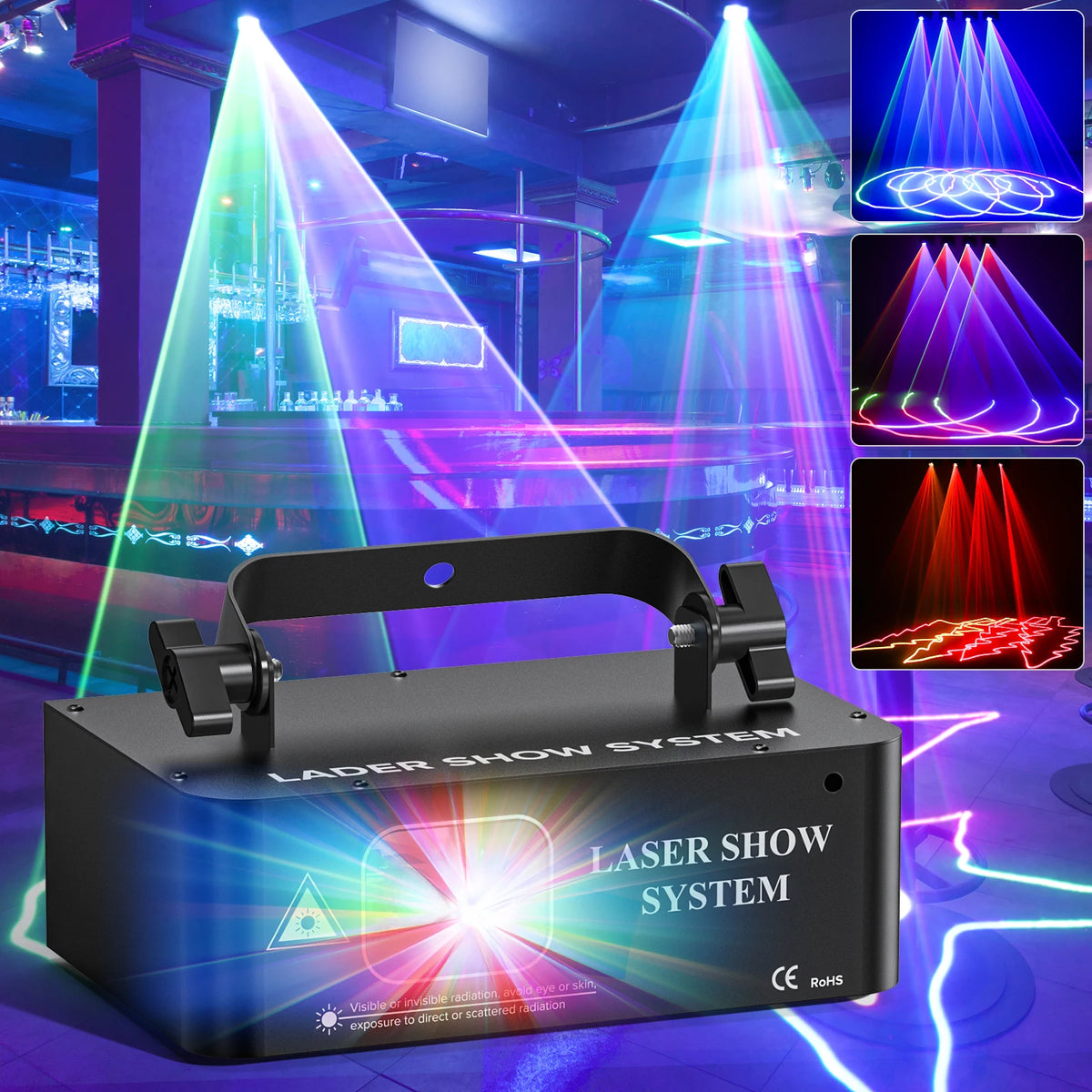 projecteur laser effet scène DJ moderne noir affichage boutons contrôle prise eléctrique