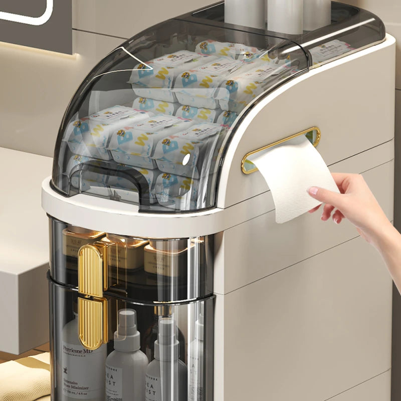 rangement salle bain moderne étages adhésif compartiments transparent beiges gris produits toilette papier serviettes