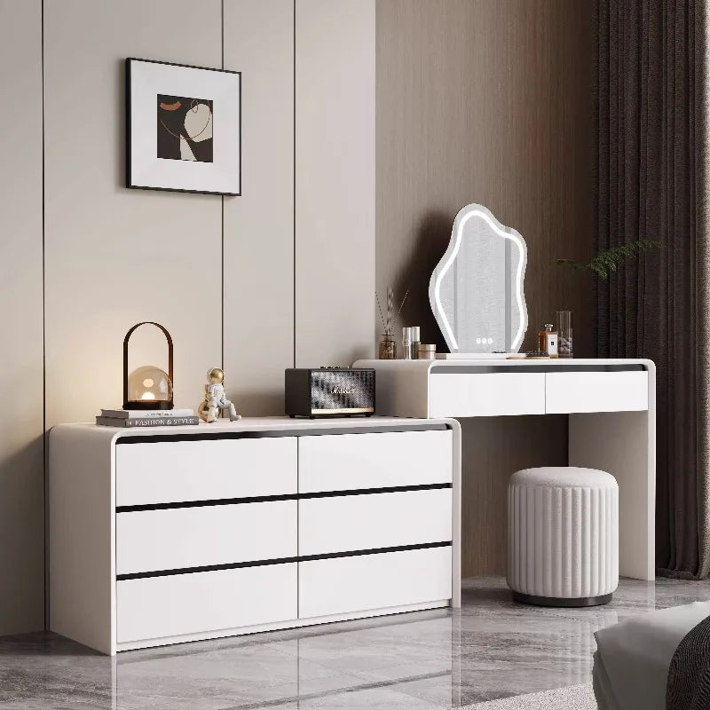 coiffeuse moderne meuble rangement tiroirs noir blanc tabouret lampe minimaliste