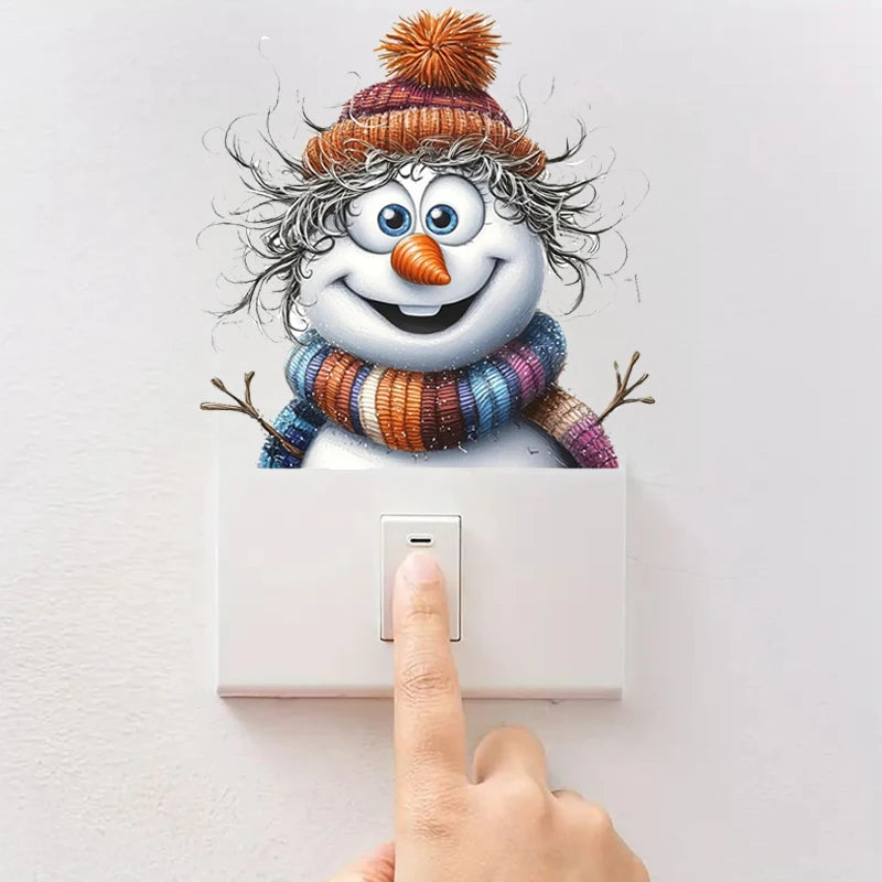 autocollant mural bonhomme neige chapeau écharpe sourire branches cartoon mignon adhésif blanc rouge bleu