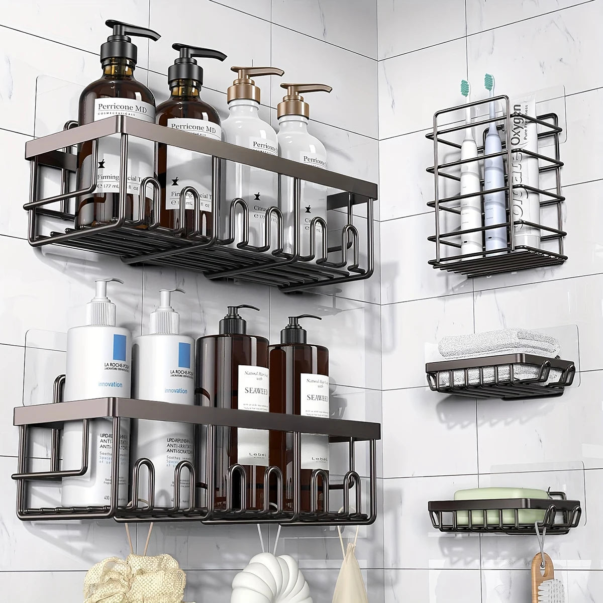 étagères murales adhésives acier inoxydable niveaux rangement moderne salle bain noir sans perçage