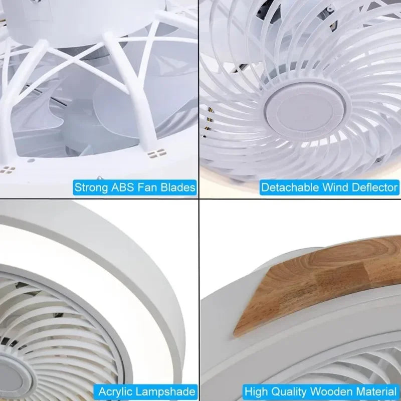 ventilateur bois led gris blanc minimaliste moderne télécommande luminoșité variable certifications sécurité chambre salon