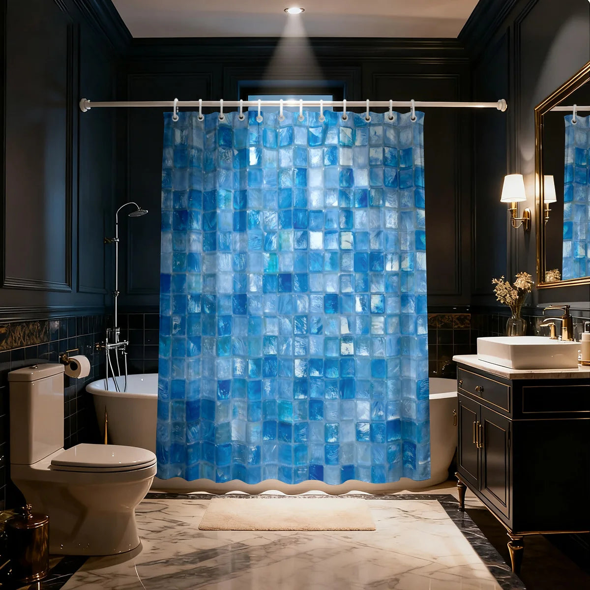 rideau douche bleu carreaux géométriques moderne opacité ourlet standard polyester 200x180cm anneaux