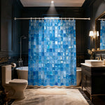 rideau douche bleu carreaux géométriques moderne opacité ourlet standard polyester 200x180cm anneaux