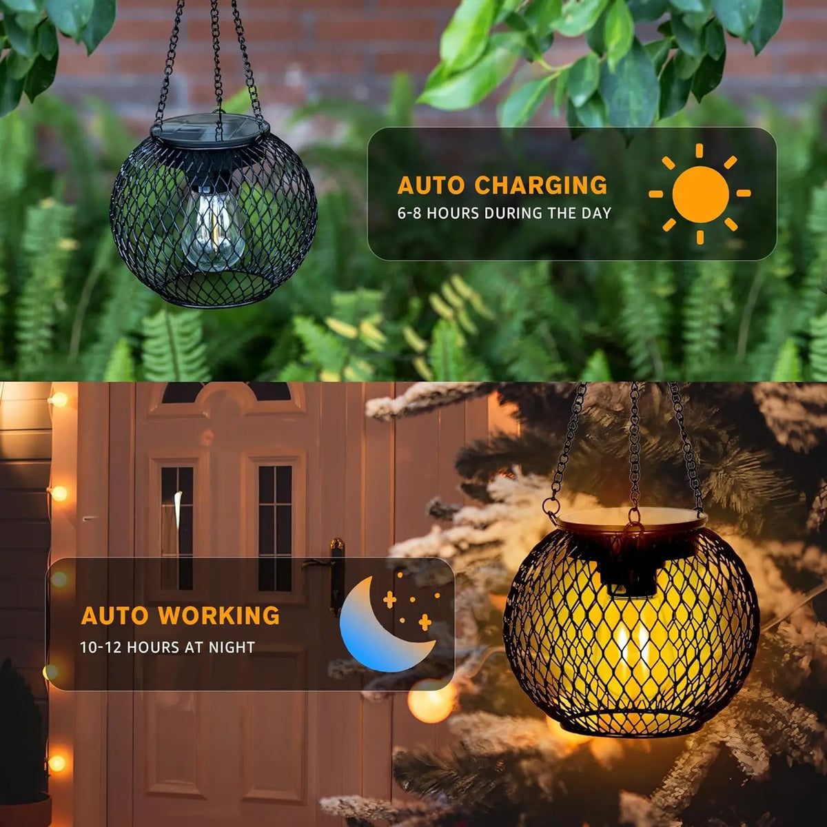 lampe solaire suspendue vintage noire maille métallique led élégante jardin patio dorée crochets chaînes