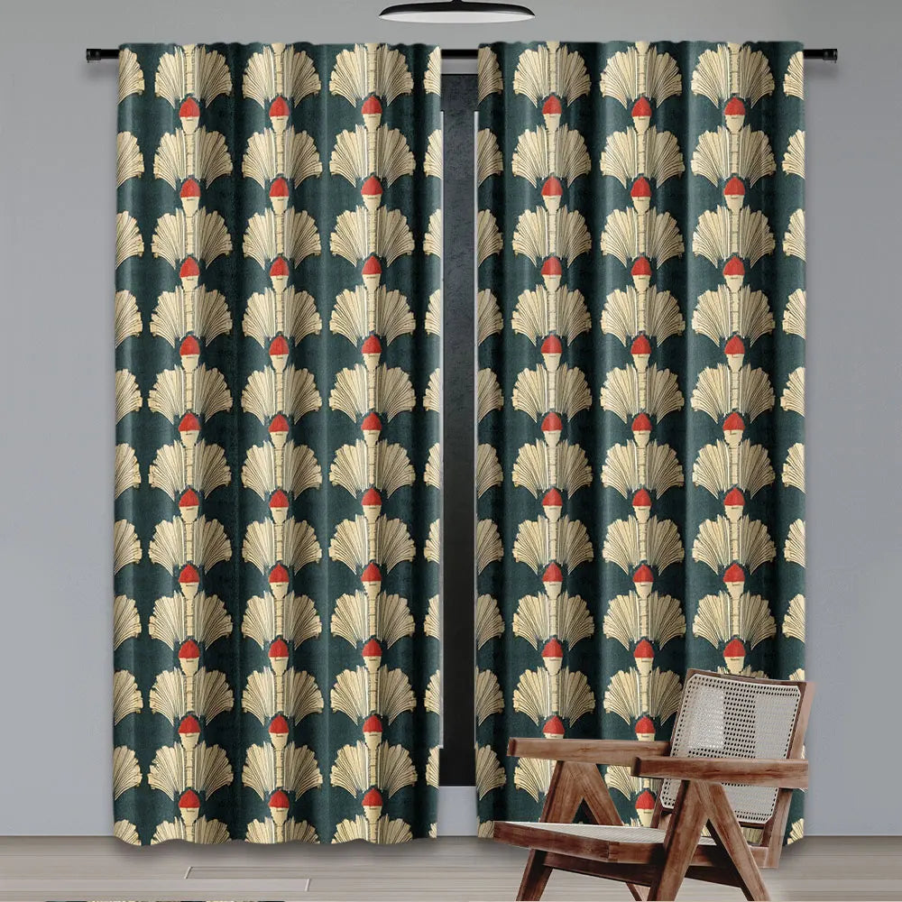 rideaux art deco motifs plumes vert foncé beige rouge opaques 100 polyester pièces